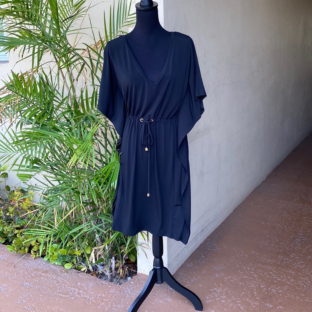 Calvin Klein black dolman sleeve dress with side panels